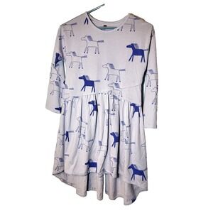 Tea Girls Light Blue Cotton Dress Blue Horses High Low Hem Long Sleeve Size 10